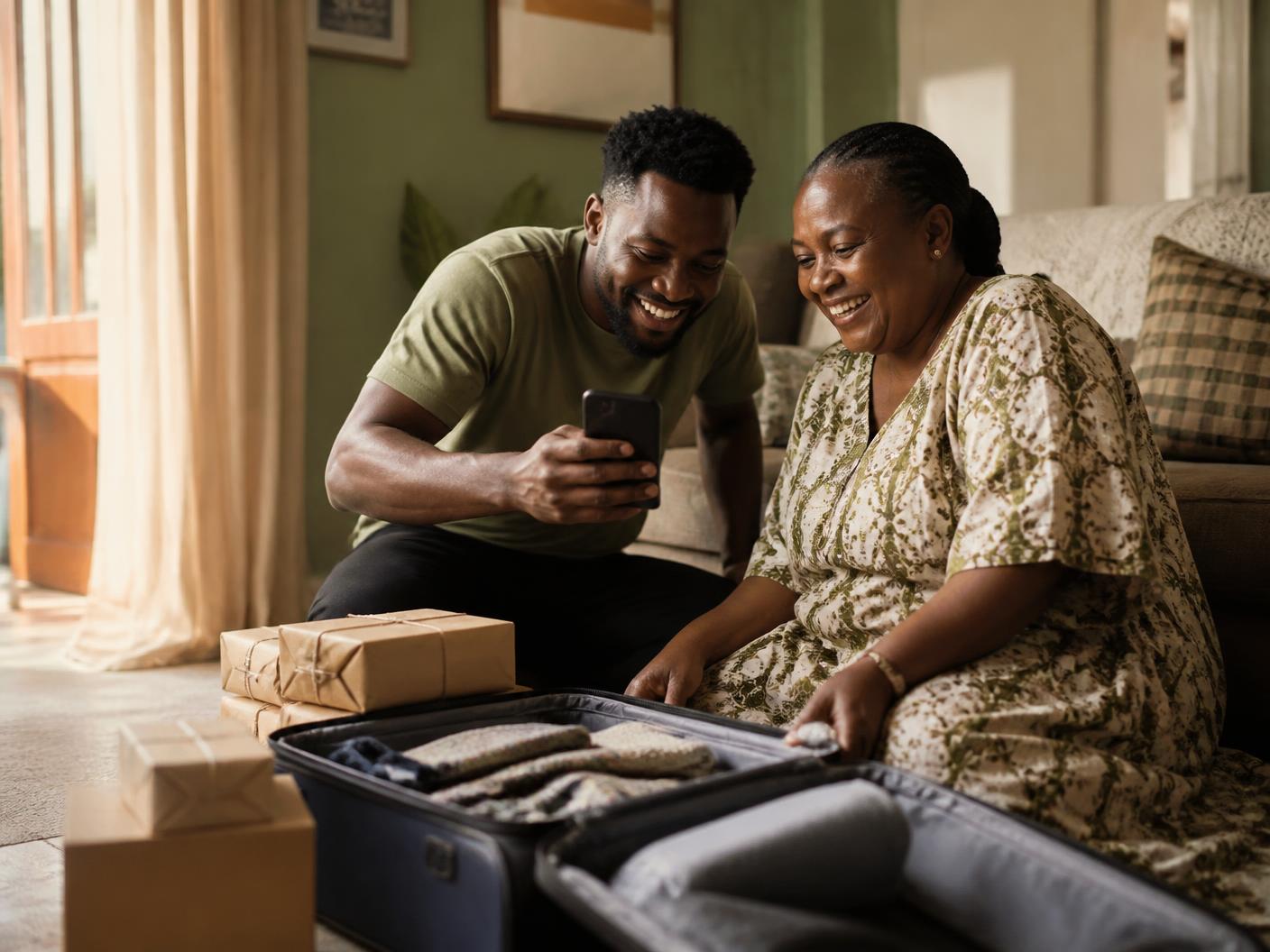 A family in Accra looking at a phone together beside an open suitcase and parcels